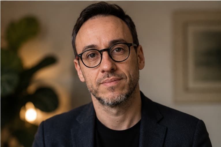 Thiago Vendramini, retrato de blazer, olhando diretamente para a câmera, com fundo desfocado e luz quente